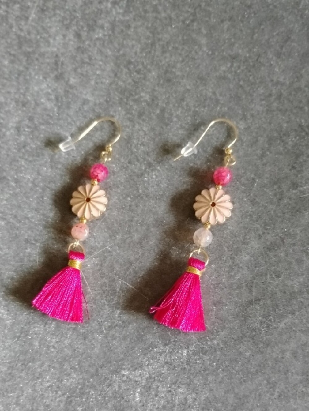 Hand Crafted Pink Tassel Floral Drop Earrings With Gold Accents - Picture 2 of 6